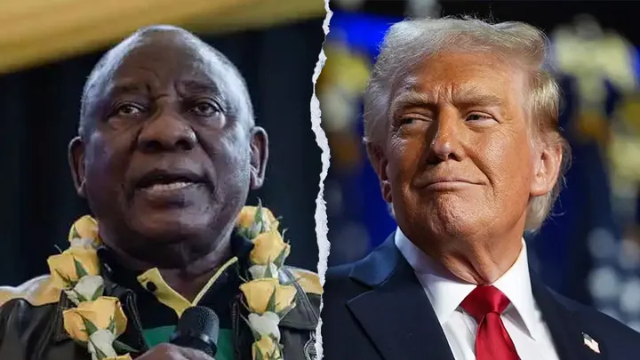 South Africa President Cyril Ramaphosa, left, and U.S. President Donald Trump. Trump has criticized South Africa's new land laws. (Evan Vucci/AP/RAJESH JANTILAL/AFP via Getty Images)